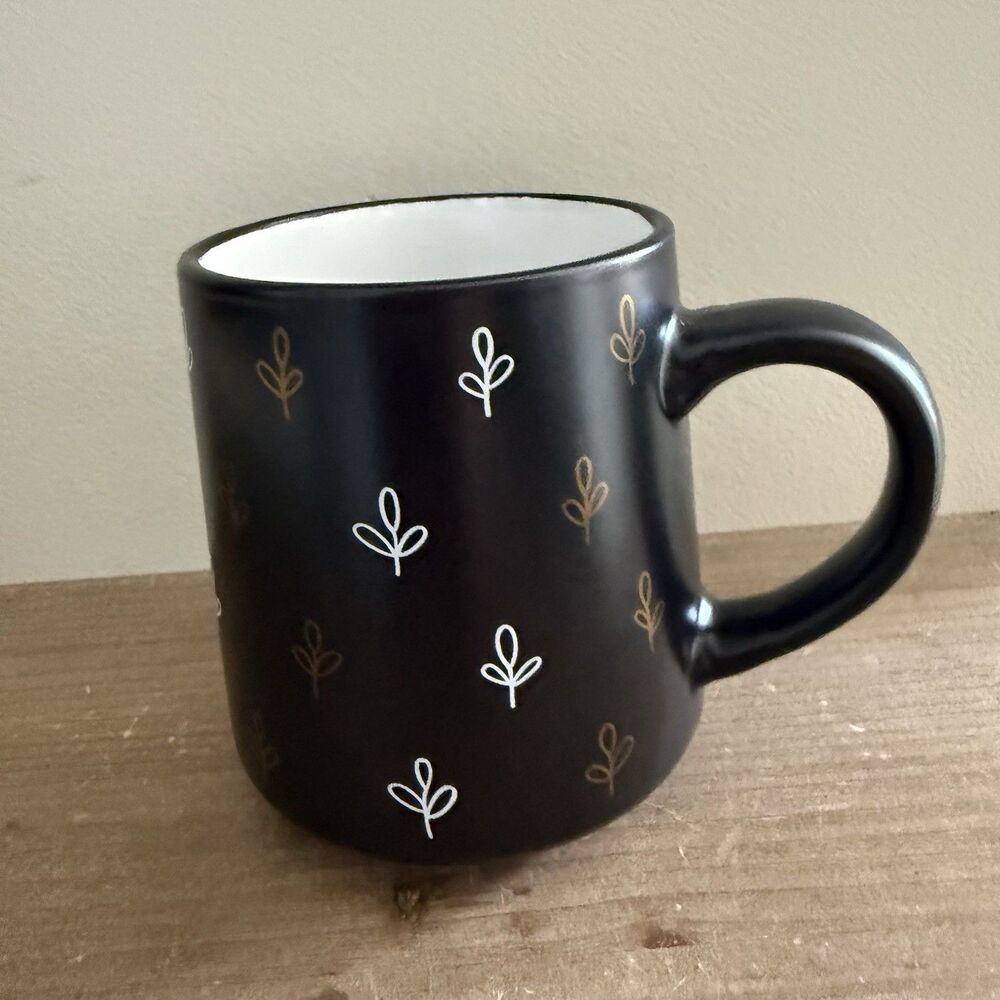 Thyme & Table Stoneware Mug Black With Gold And White Leaf